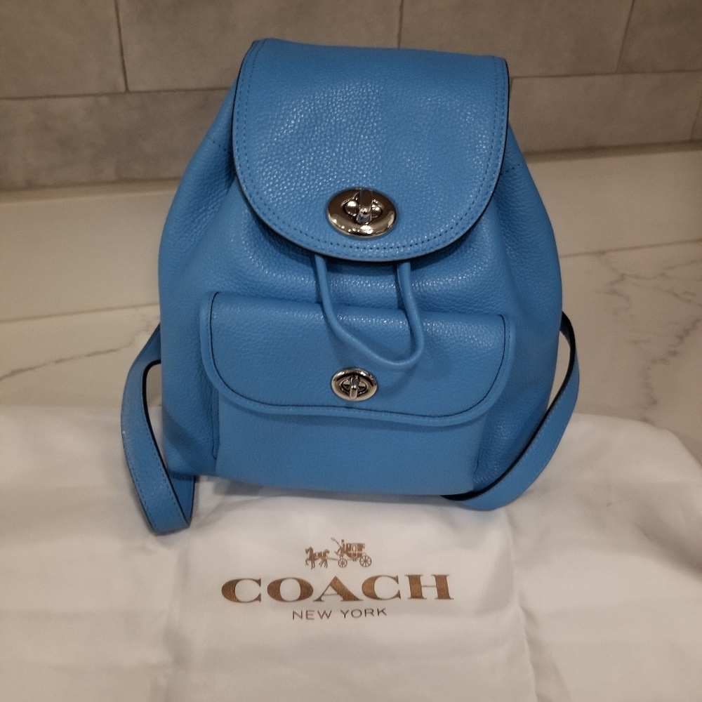SOLD! NWOT! Coach Mini Turnlock Rucksack Backpack Pebbled Leather Azure Blue - Picture 3 of 16